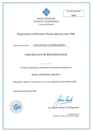 Jersey Financial Services Commission certificate of registration for Solutions Centre Jersey