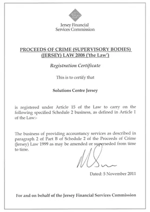 Jersey Financial Services Commission registration certificate under the Proceeds of Crime (Supervisory Bodies) (Jersey) Law 2008